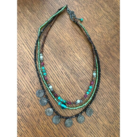 Vintage Bead Turquoise Boho 3 Strand Necklace Bohemian 16" - Picture 2 of 6